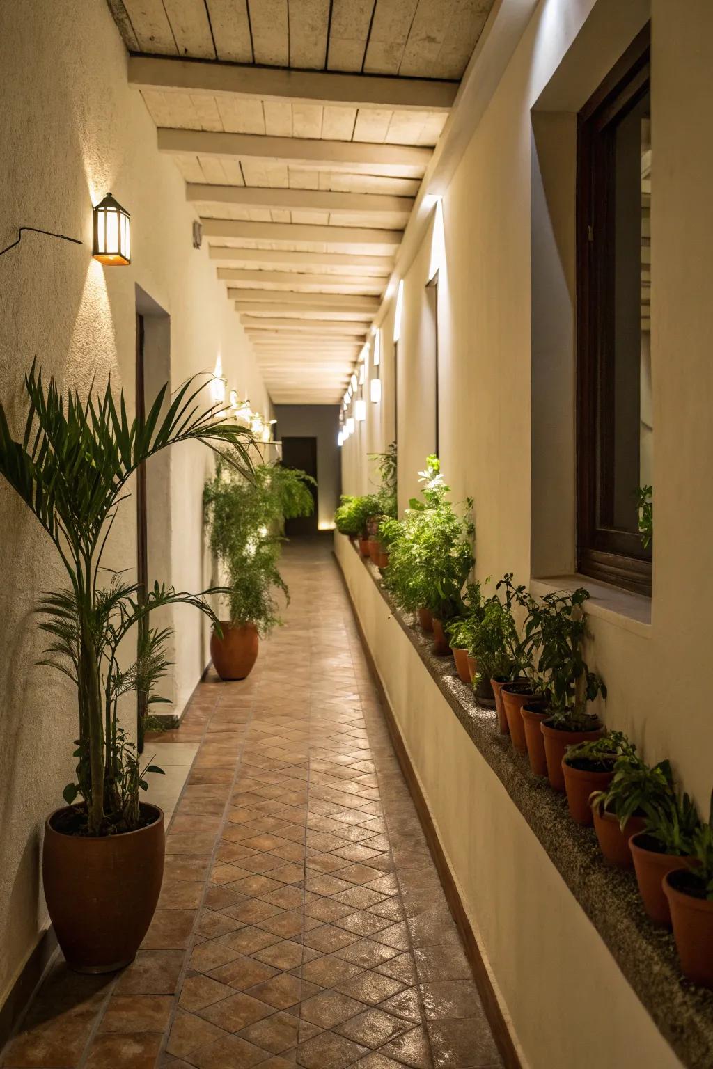 Potted flora on narrow surfaces forms an attractive verdant path.