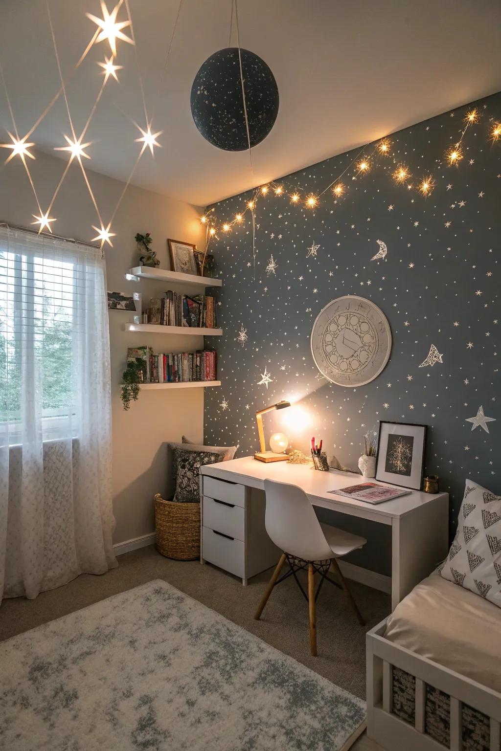 Stars upon the walls ignite dreams and wonder.