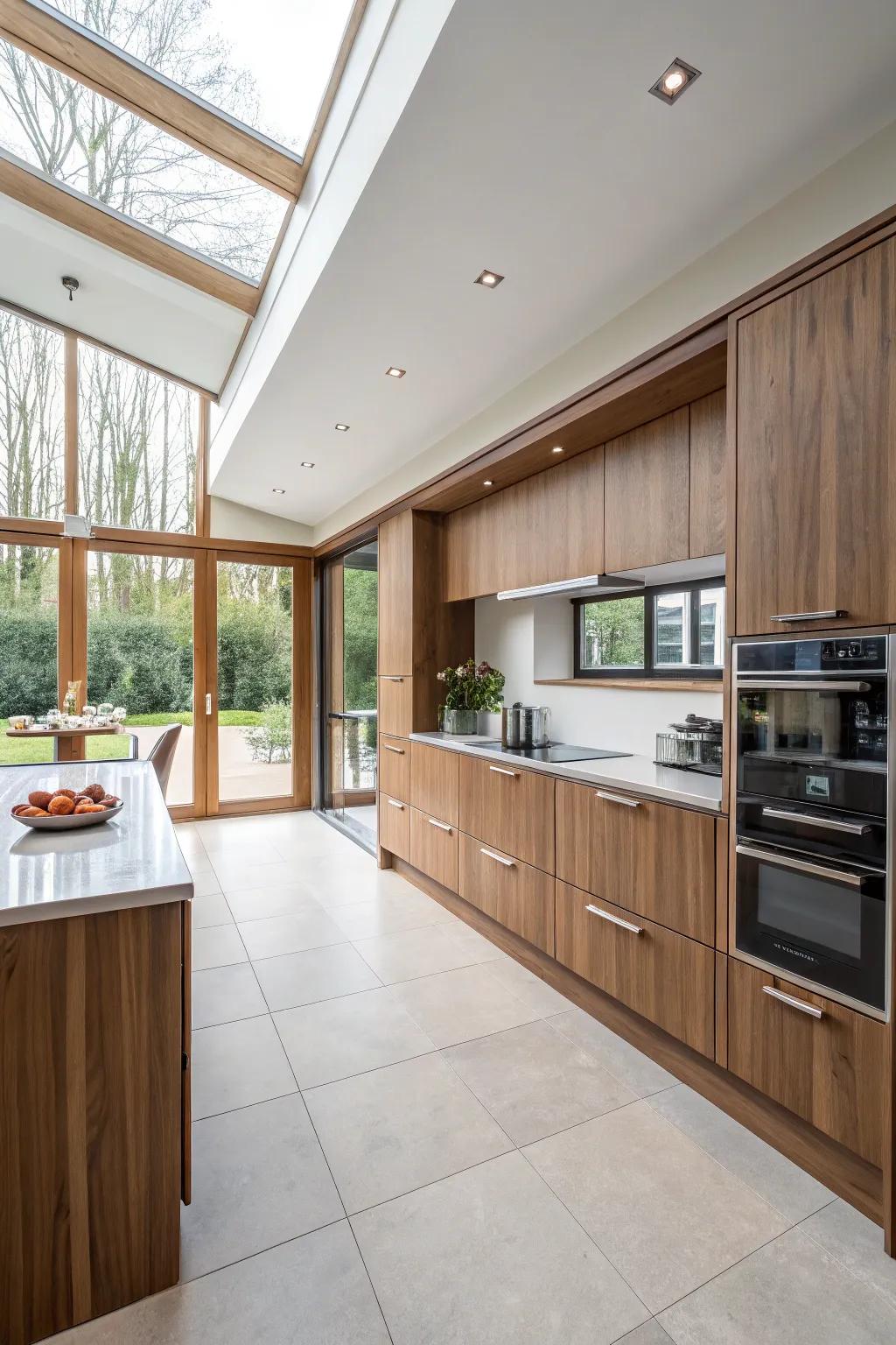 Open-plan configurations highlight the beauty of walnut cabinets.
