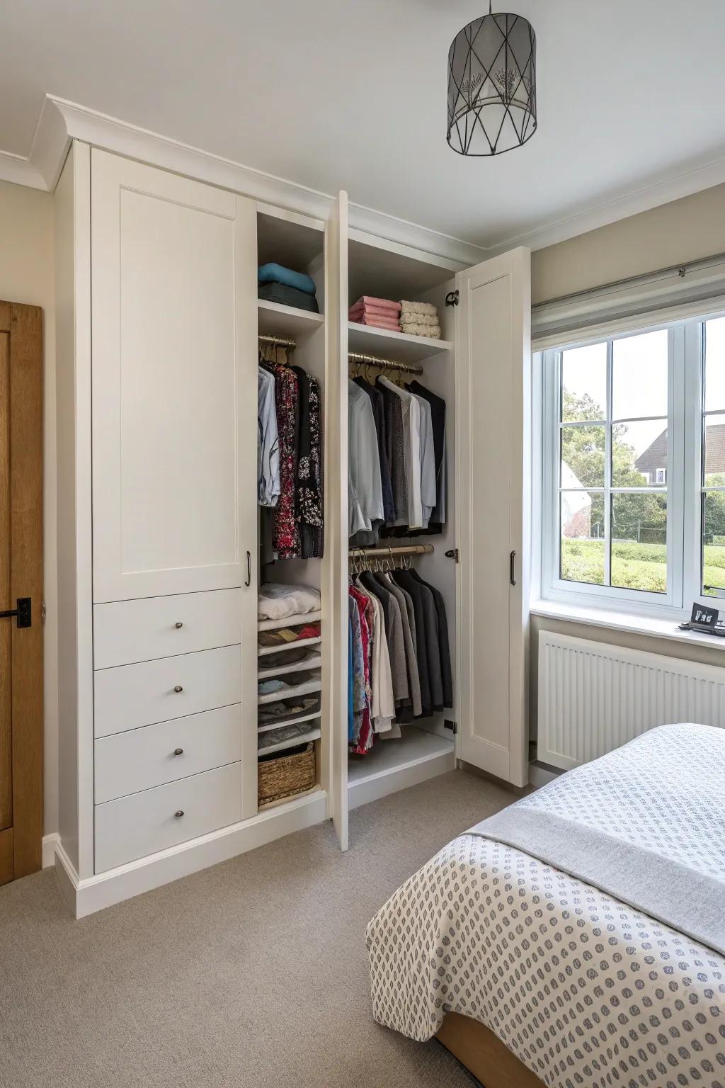 An L-shaped closet optimizing nook area.
