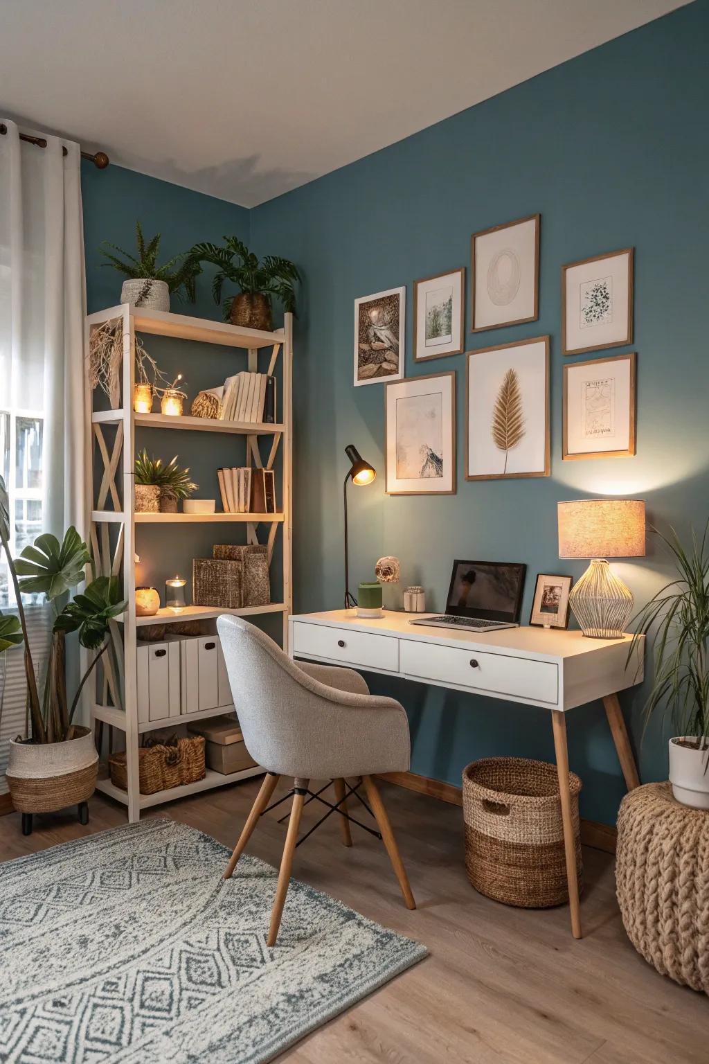 Achieve equilibrium with harmonious shade combinations of cerulean, neutral tones, and grays.