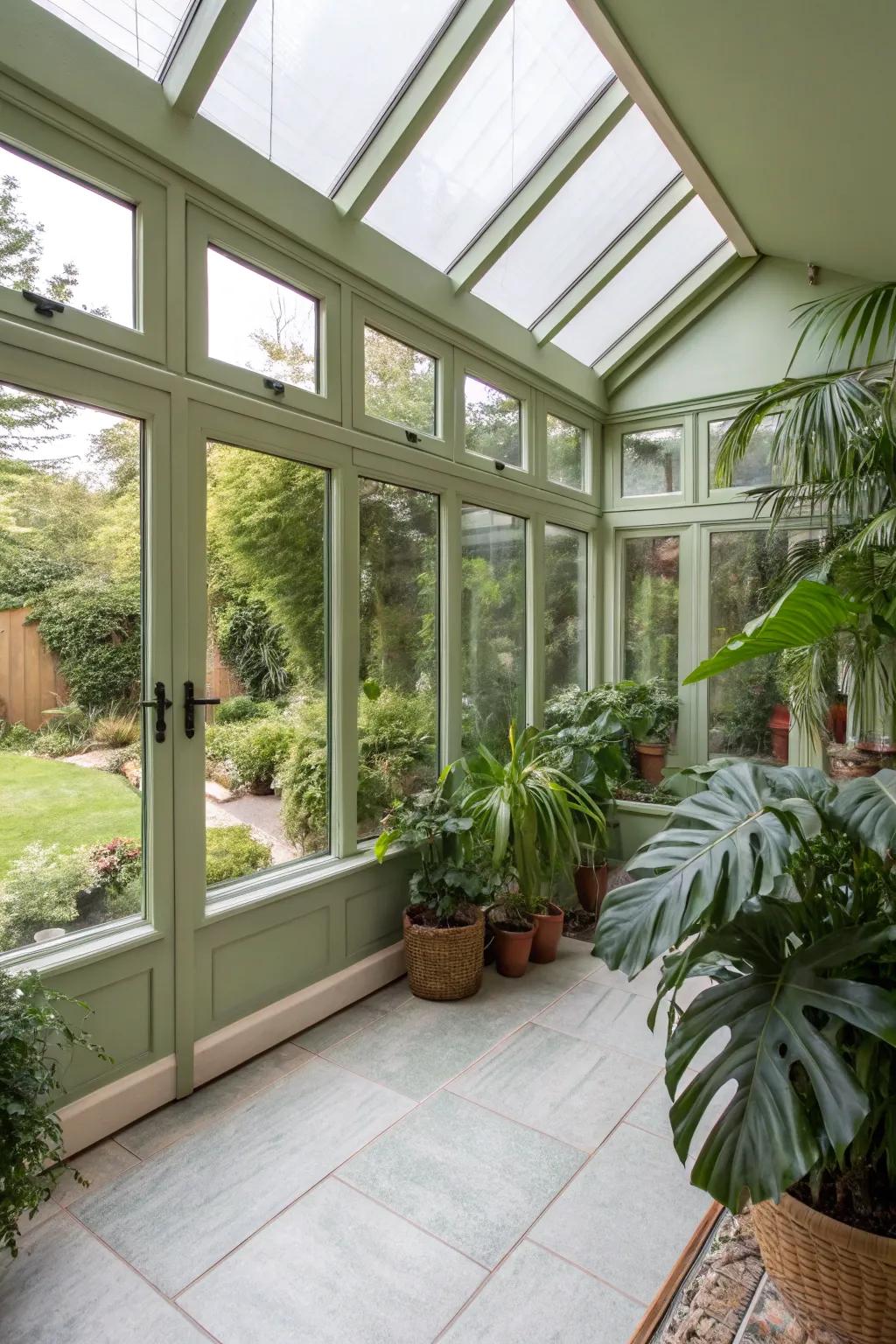 A calming muted green sunroom, harmoniously merging with nature.