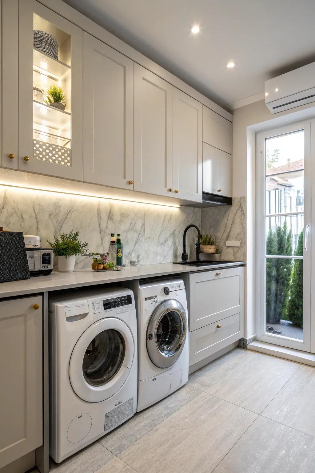 A continental-style kitchen with a space-saving combo appliance.