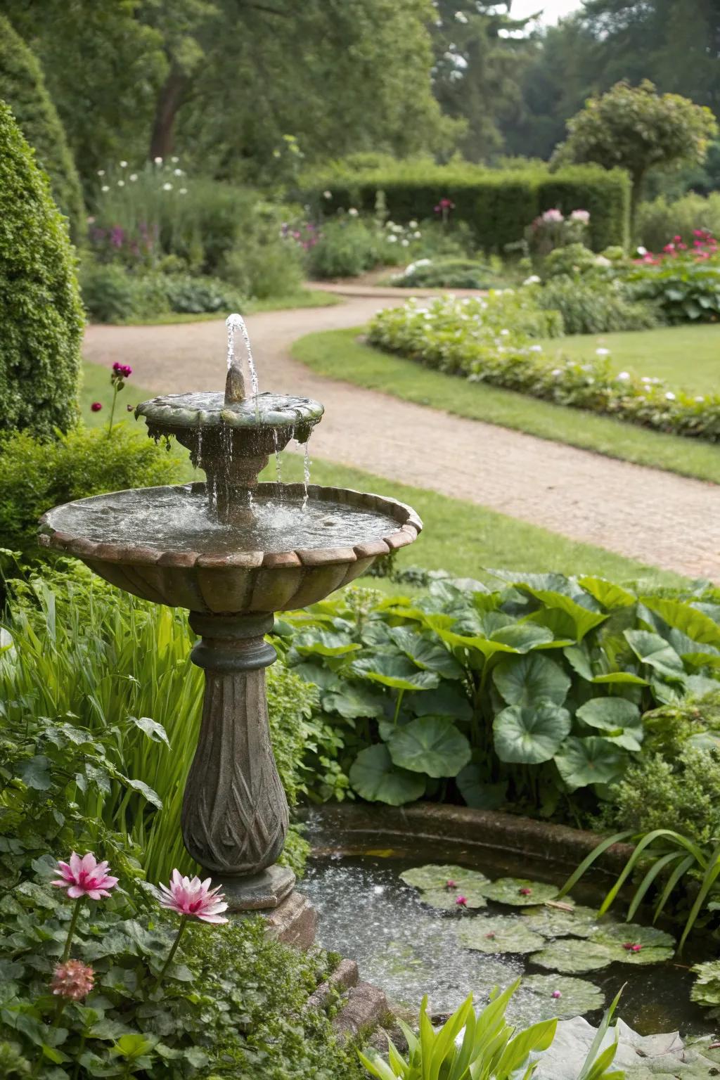 An artistic aquatic feature serves as both art and tranquility.