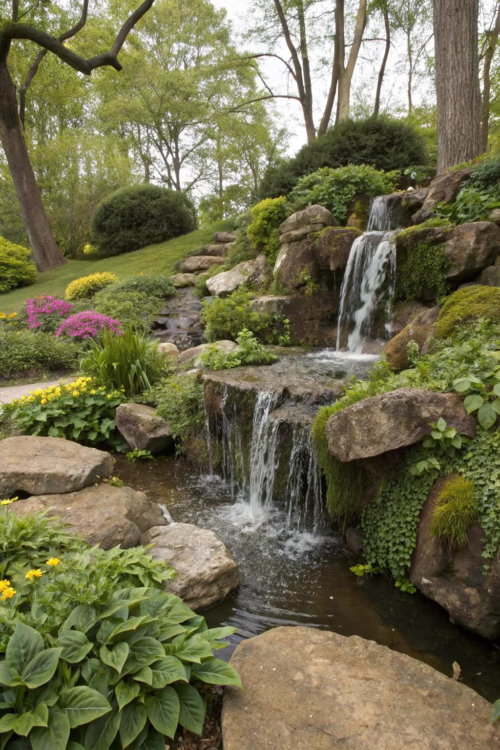 Dynamic cascades add movement and relaxing sounds to garden environments.