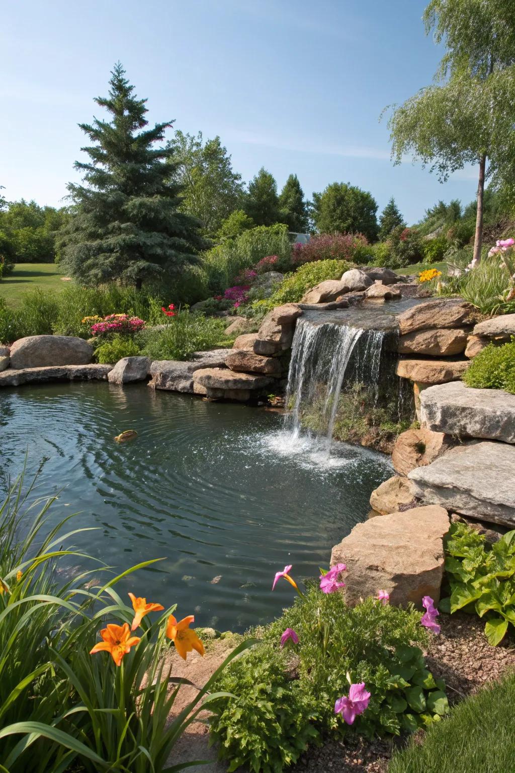 A cascading water feature draining into a basin introduces peace and pulls in wildlife.