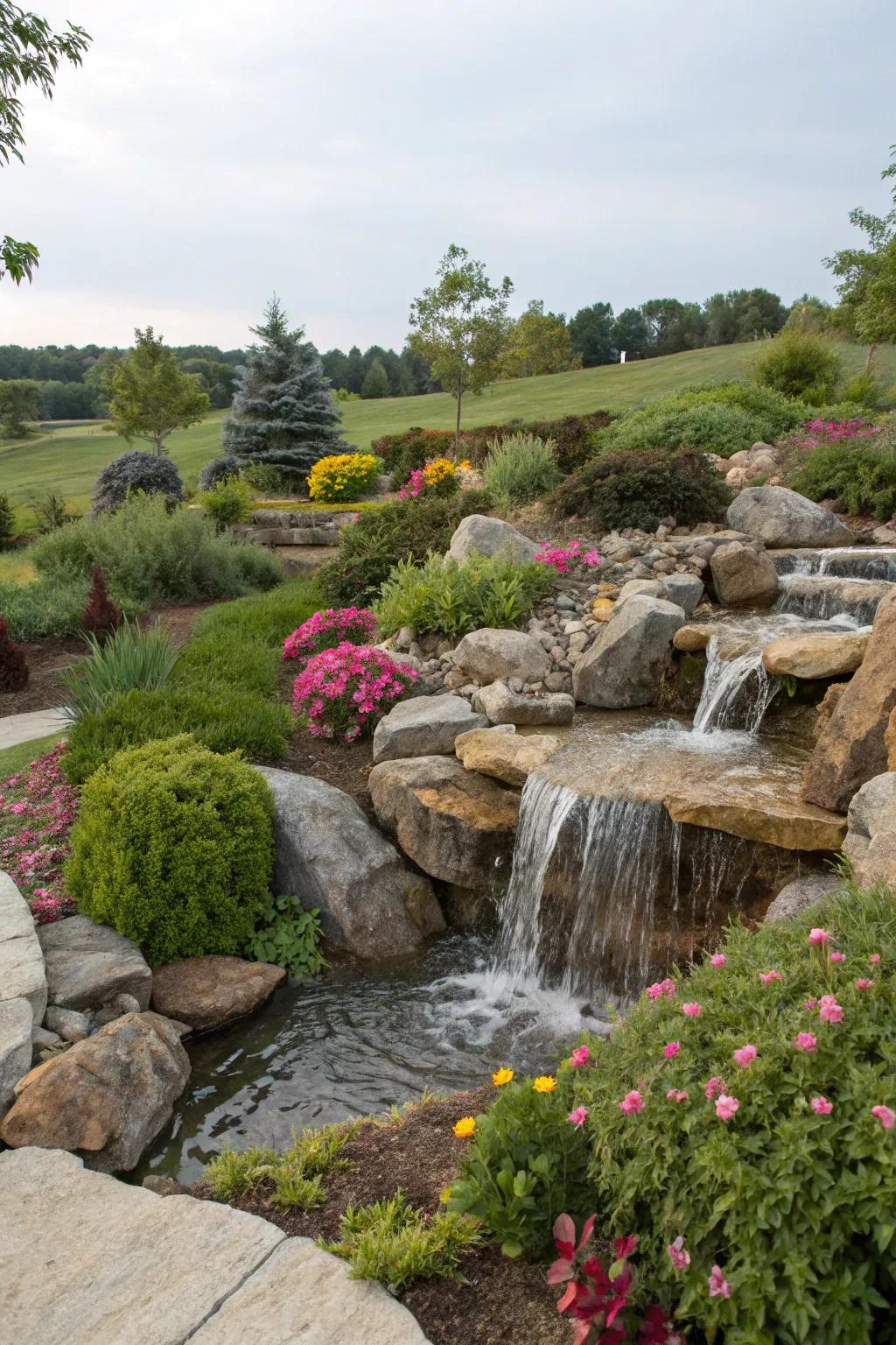 A pond-free waterfall offers visual appeal with minimal upkeep.