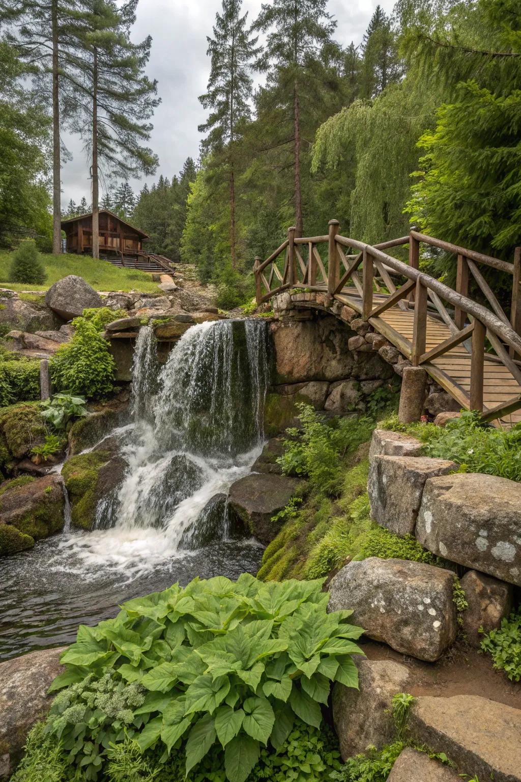 A country waterfall with a wood bridge offers a charming escape.
