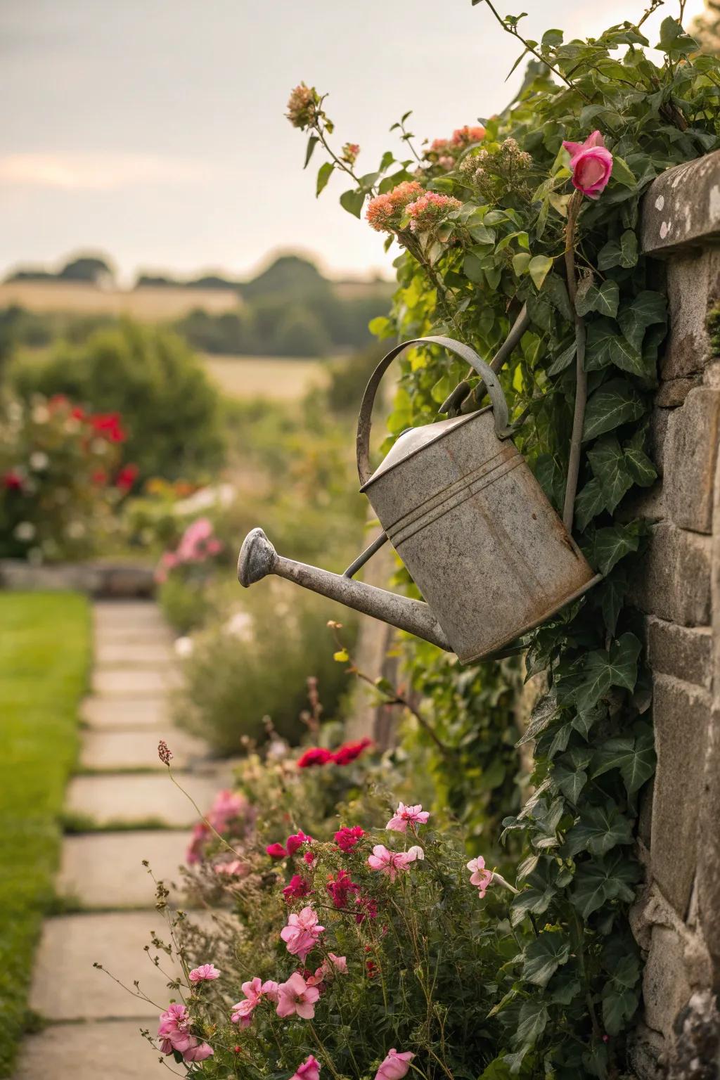 A garden façade embellished with a watering can and cascading vegetation.