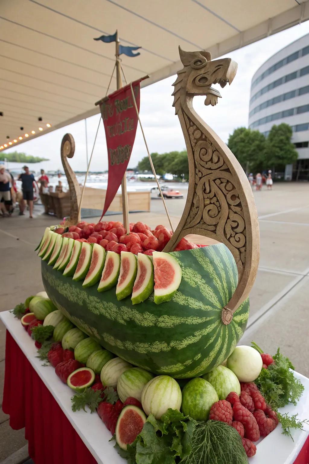 A Viking longboat carved out of watermelon and featuring melon ball shields.
