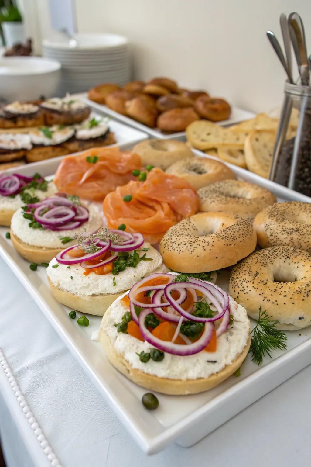 A creative bagel setup offering a wide assortment of spreads and toppings tailored for wedding guests.