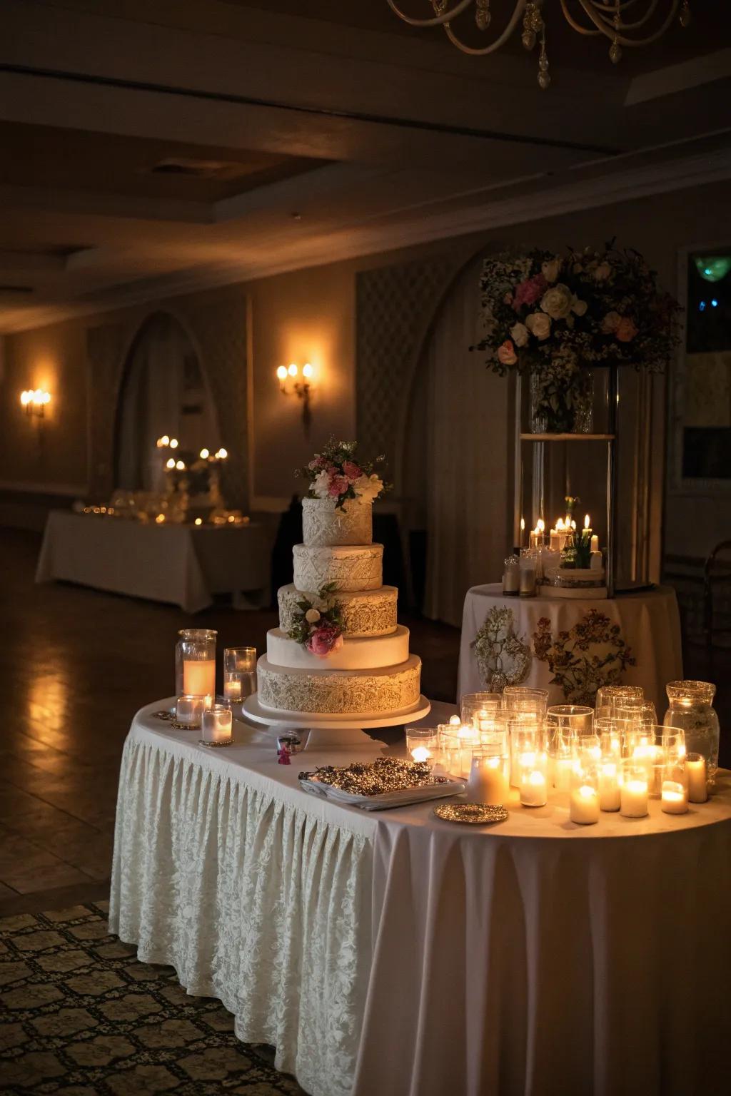 A wedding cake display brightened by the gentle shine of candlelight.