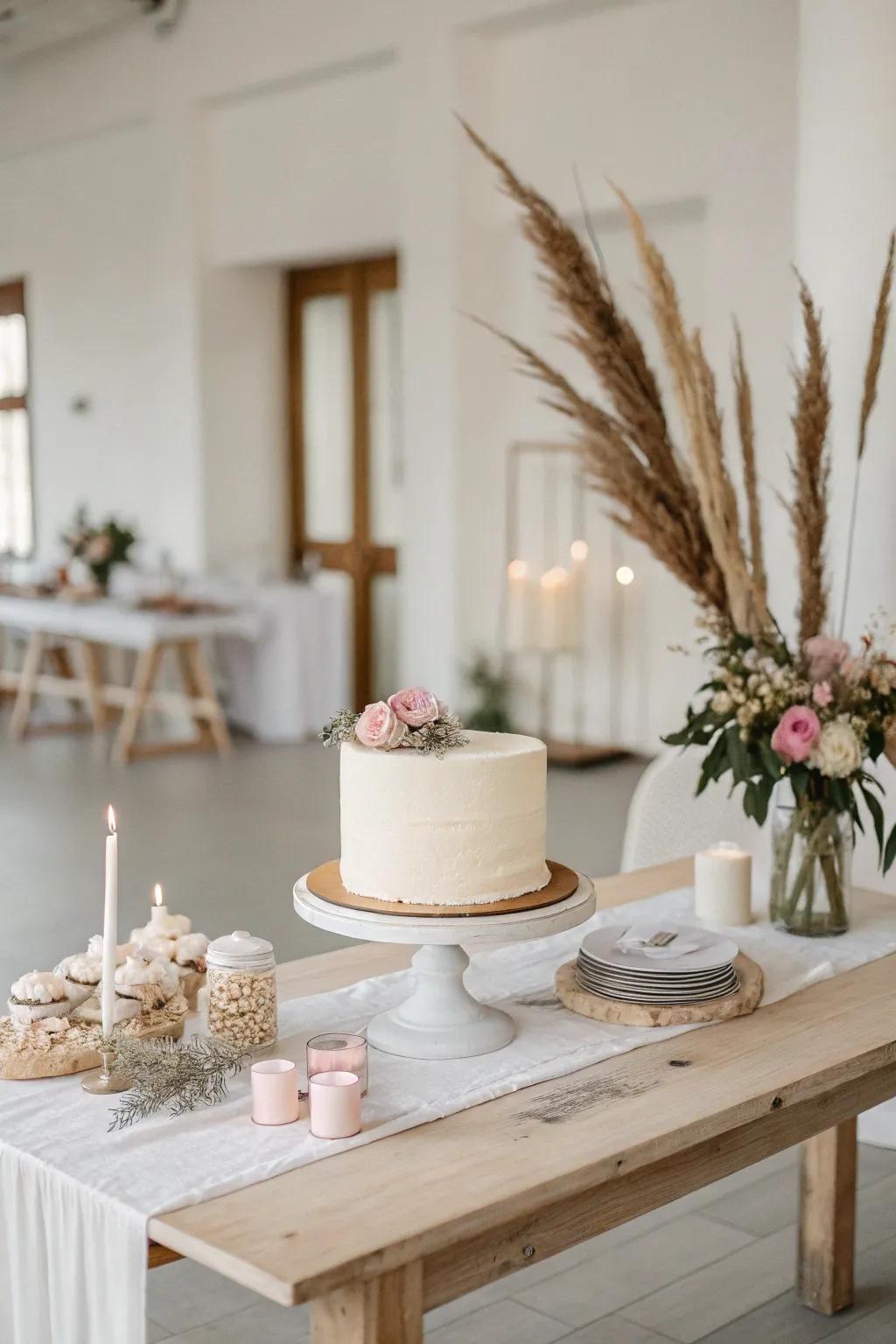 A minimalistic wedding cake table featuring a simple, elegant arrangement.
