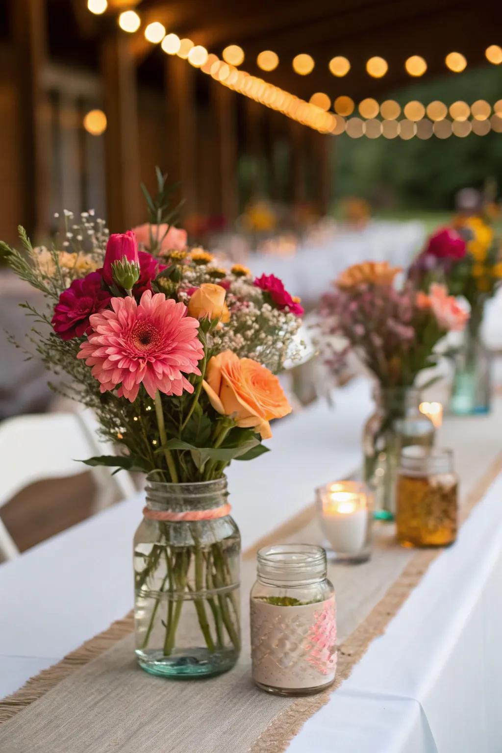 Classic glass containers overflowing with flowers enhance the wedding table&rsquo;s vintage charm.