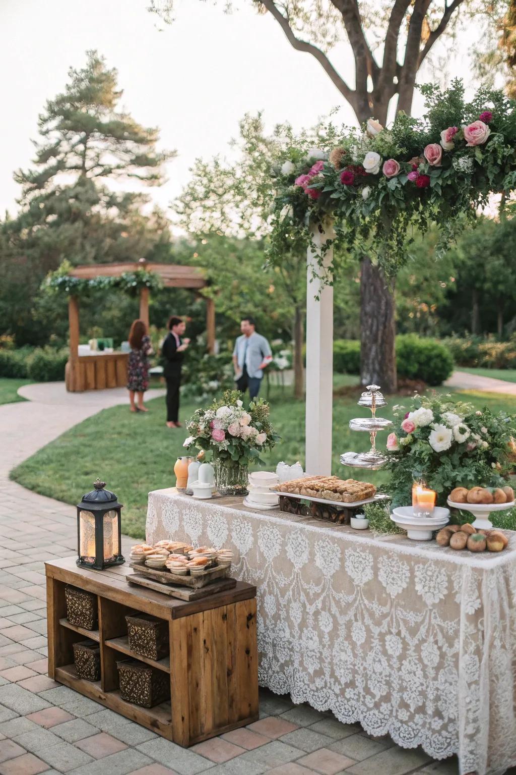 A wedding coffee bar placed in a lovely garden.