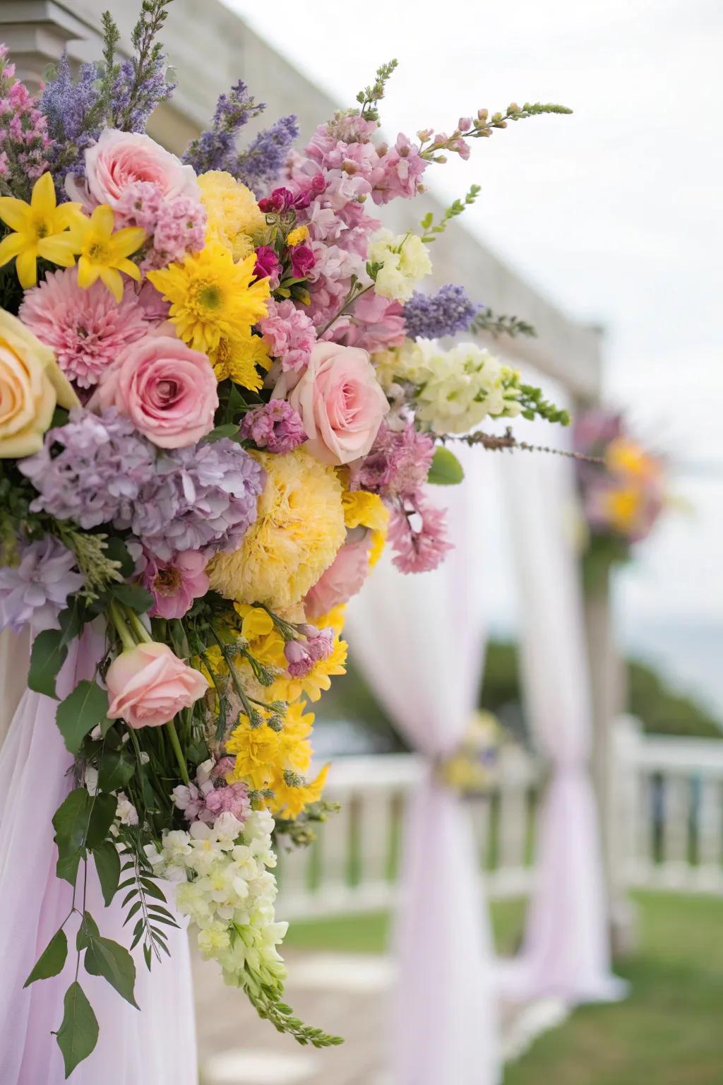 A lively combination of bright and soft-colored flowers, crafting a stunning design with varied color schemes.