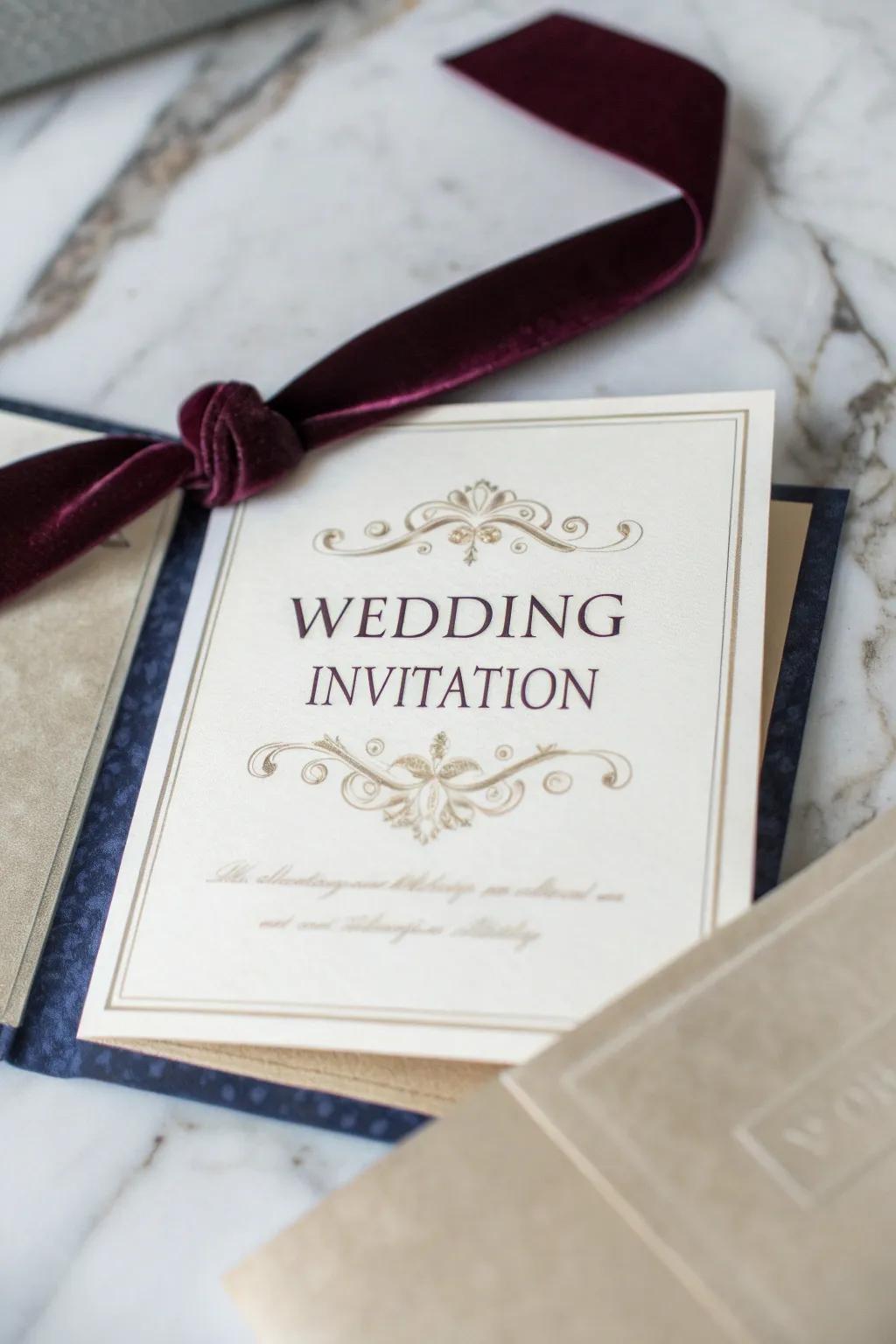 A wedding invitation featuring a plush fabric detail.