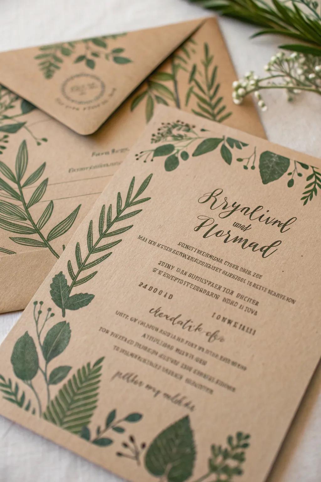 Invitation featuring verdant botanical illustrations on paper bag-colored paper.