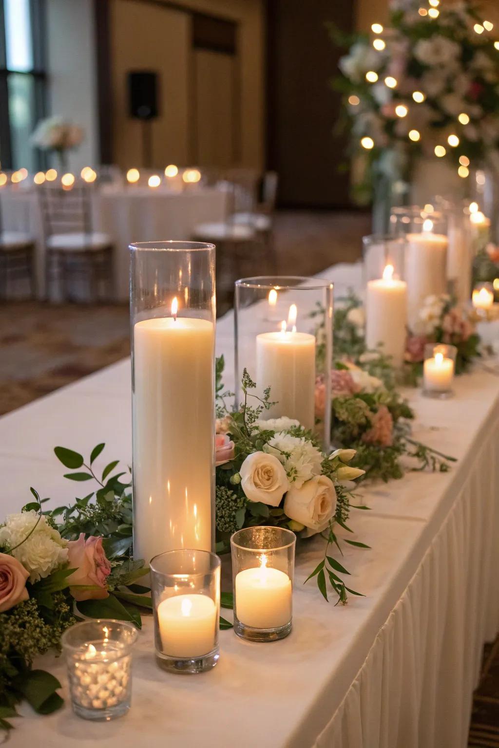 Sleek glass sleeves offering a current touch to centerpiece artistry.