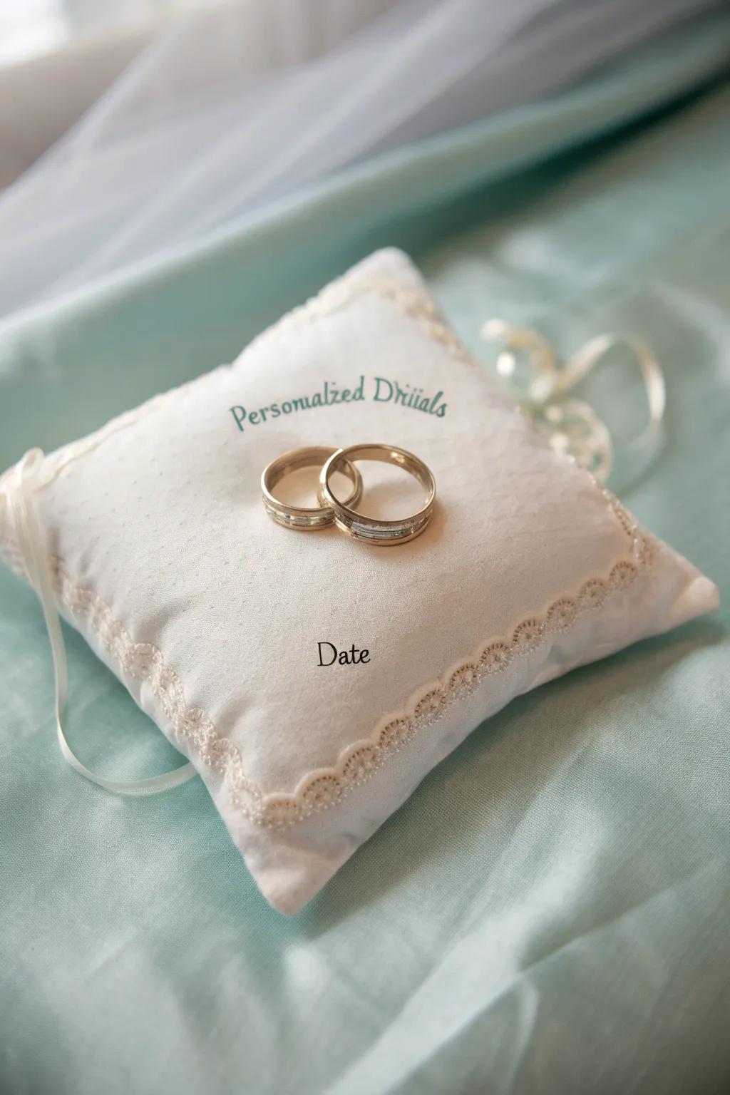 A bespoke wedding ring cushion featuring stitched initials.