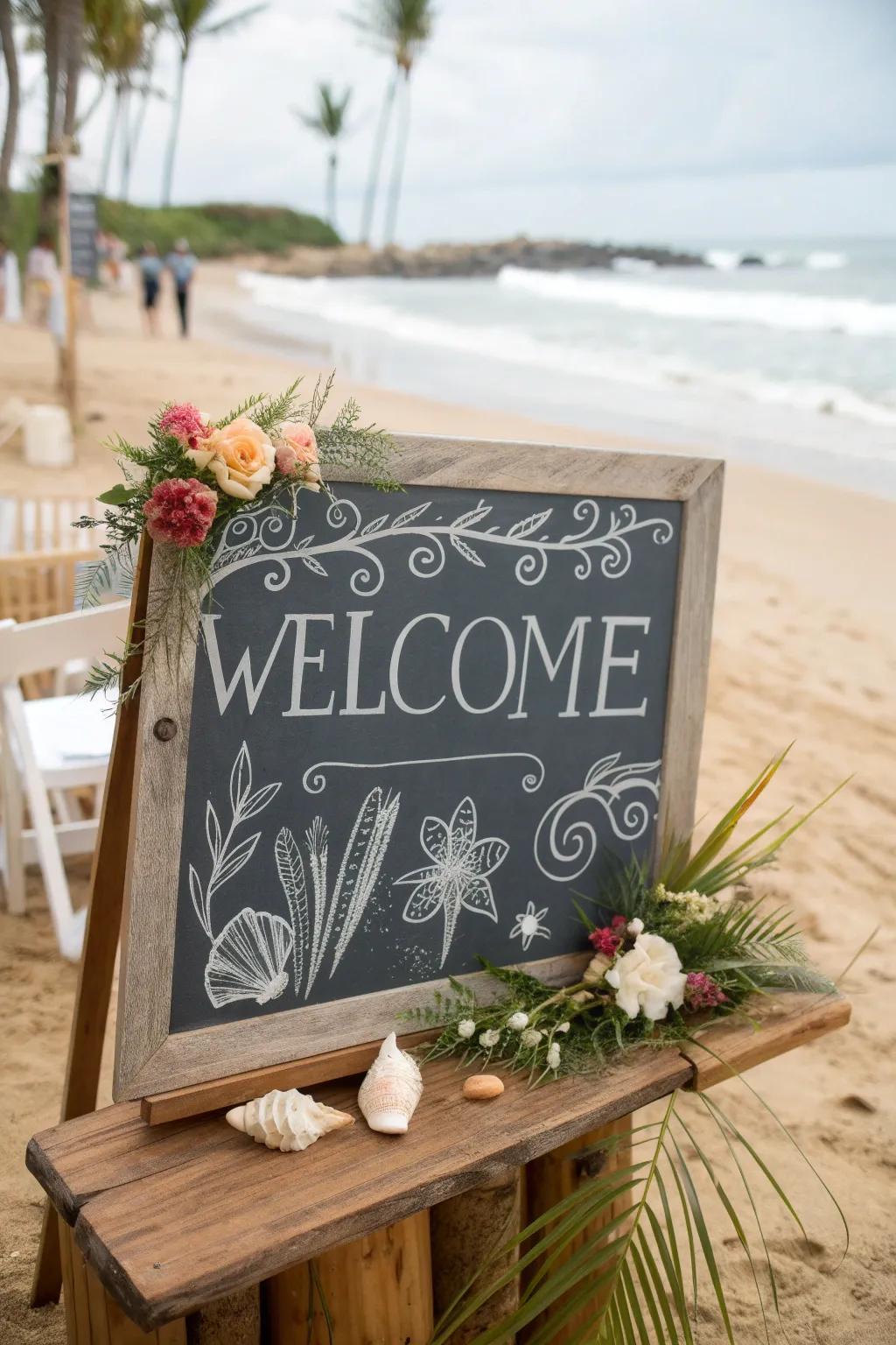 A relaxed blackboard welcome board featuring hand-drawn art, a great fit for a beach wedding.