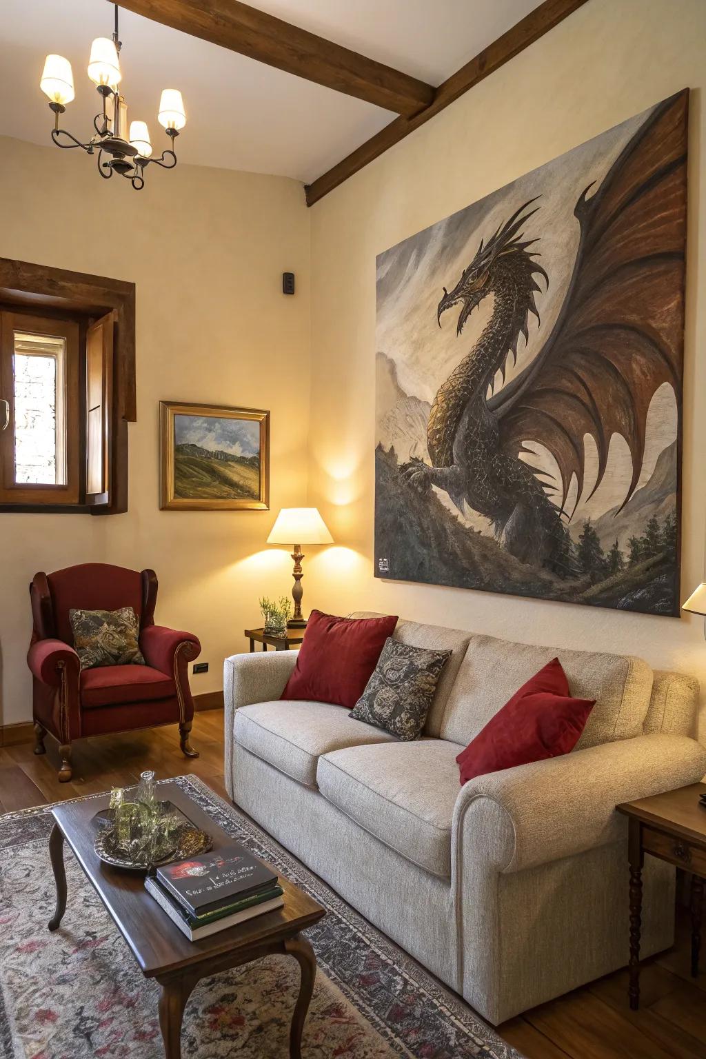 A dragon painting serving as a remarkable focal feature in a living area.