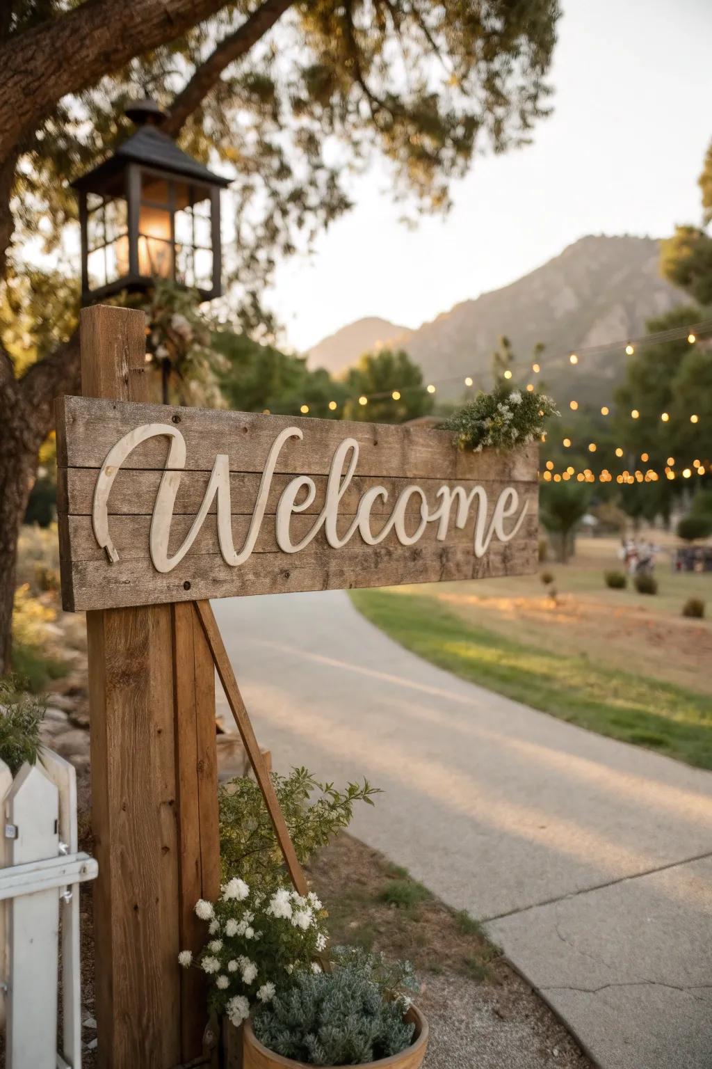 A timber greeting sign lays the groundwork for a western jamboree.