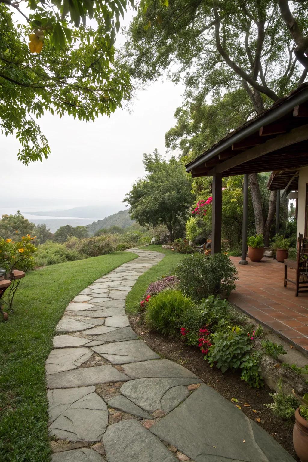 A stone path introduces a rustic touch to the patio entrance.