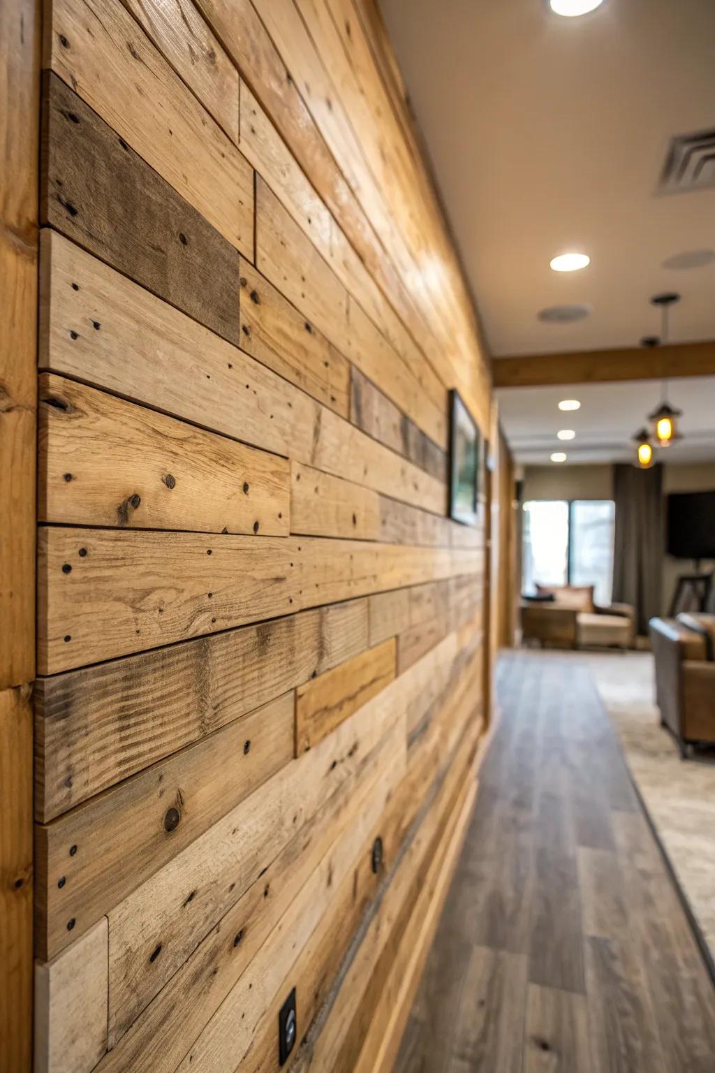 Toasty and homespun repurposed lumber paneling on a wall.