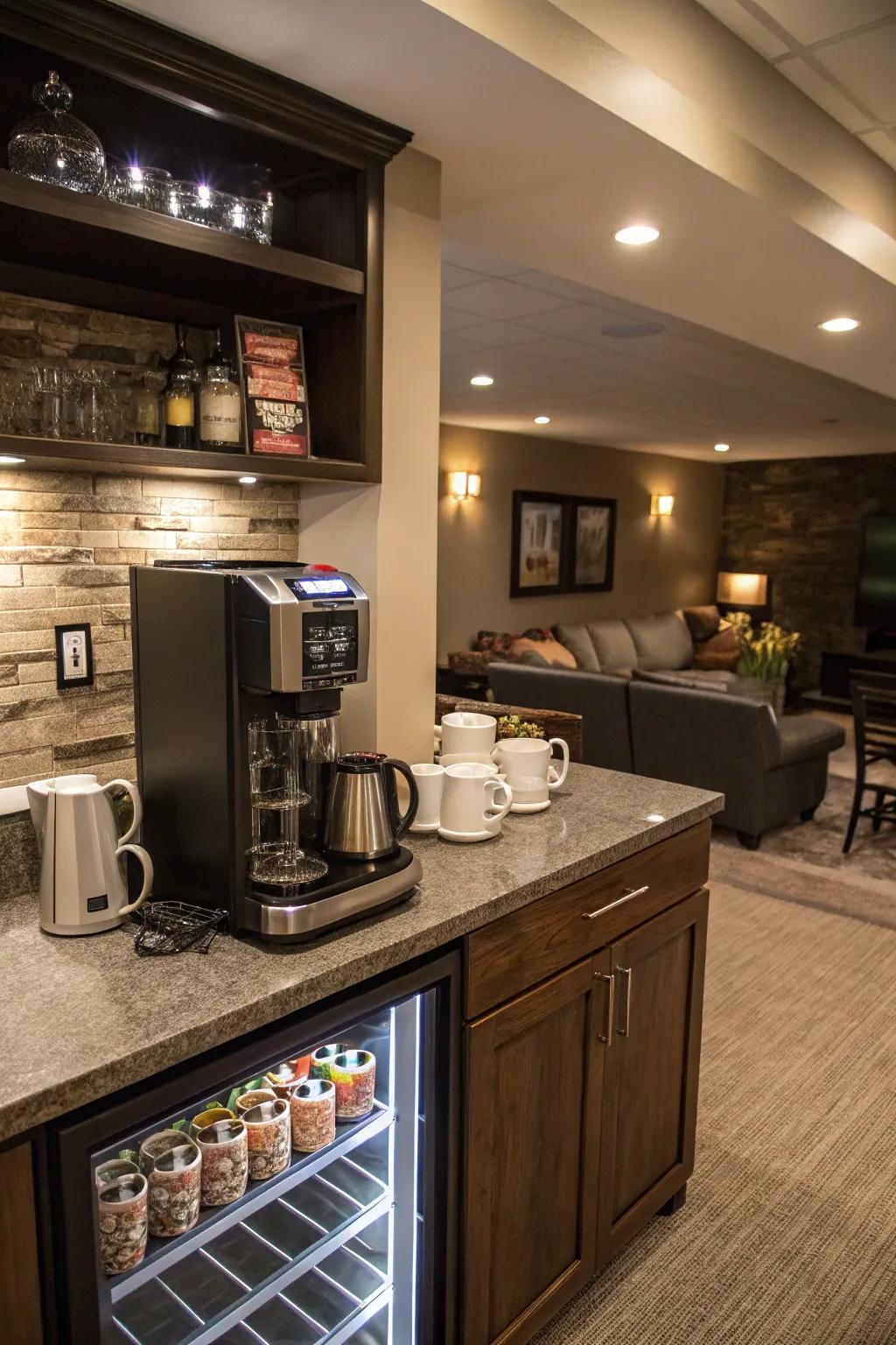 A coffee station adds versatility to your wet bar, turning it into an all-day favorite.