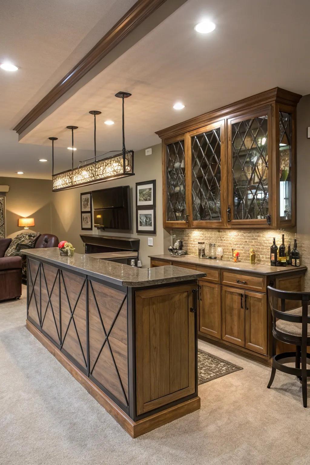 Merge materials for a vibrant wet bar design.