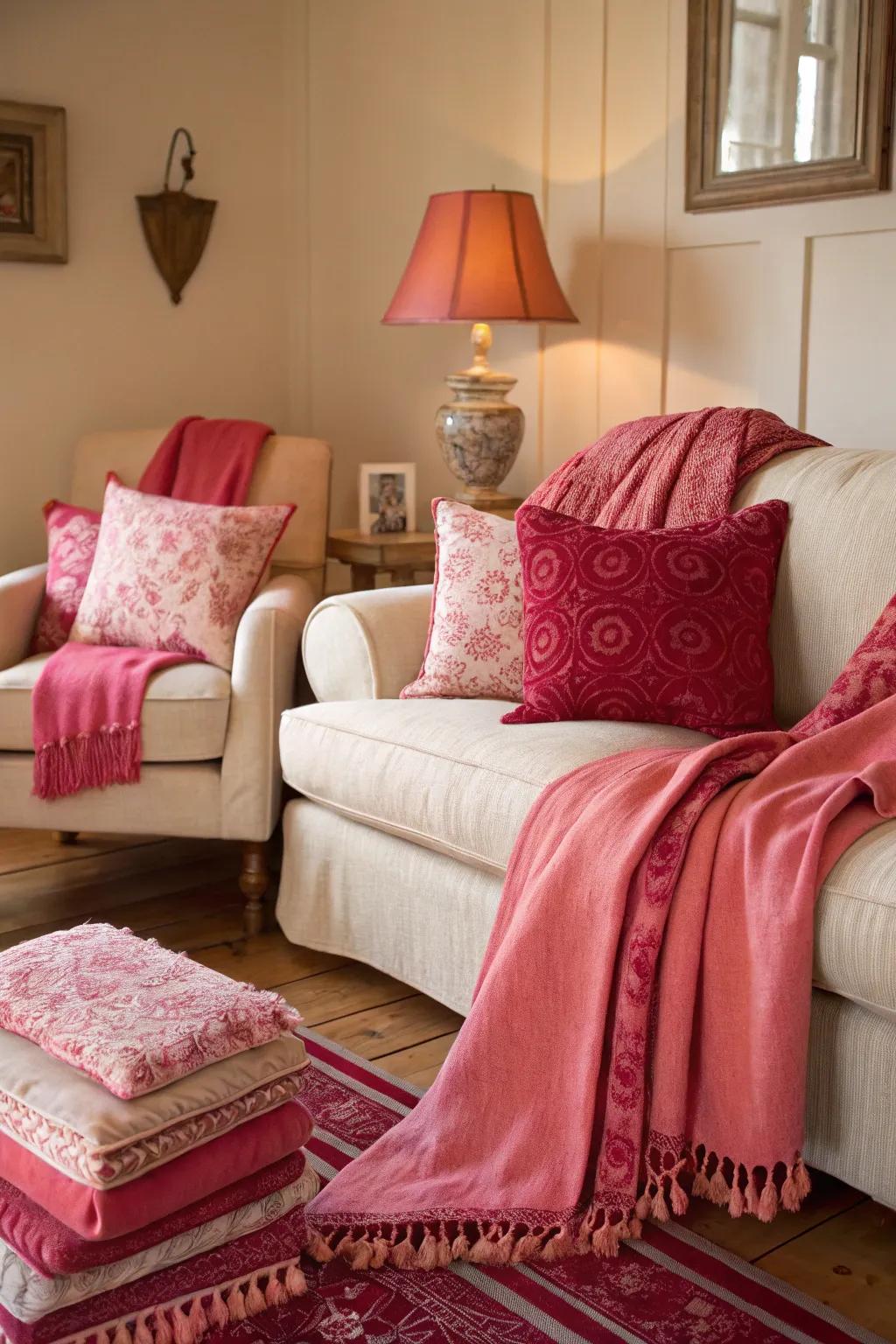 Living area decorated with blush pink and soft red decorative elements.
