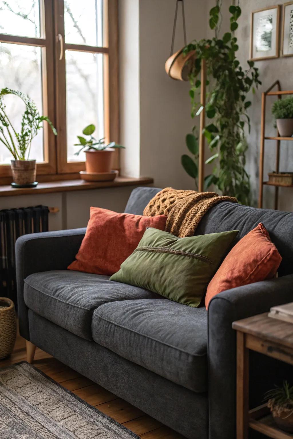 Earth-toned pillows add warmth and coziness to a dark grey sofa.