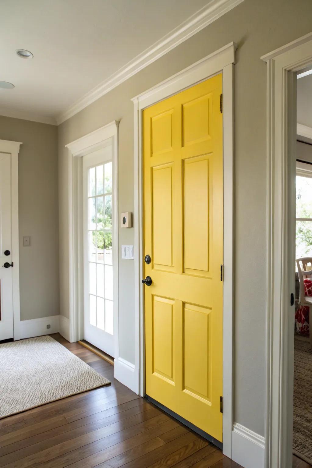 Sunny yellow doors add a cheerful burst of color.
