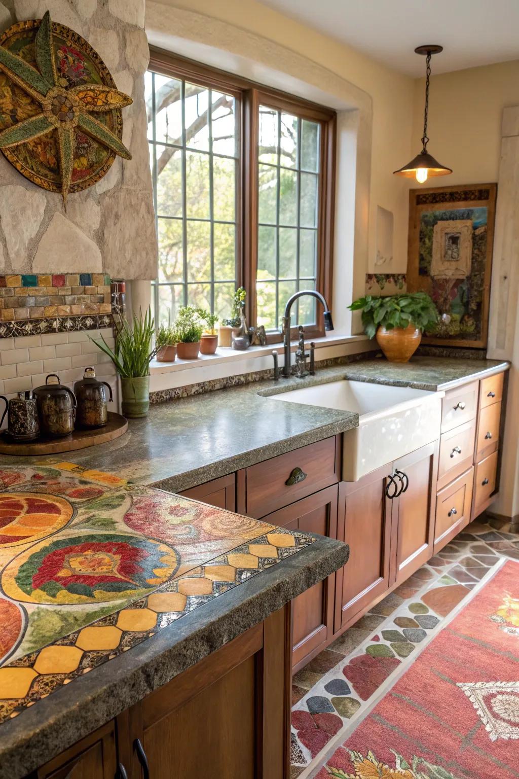 Exotic stone countertops morph your kitchen into a visual masterpiece.