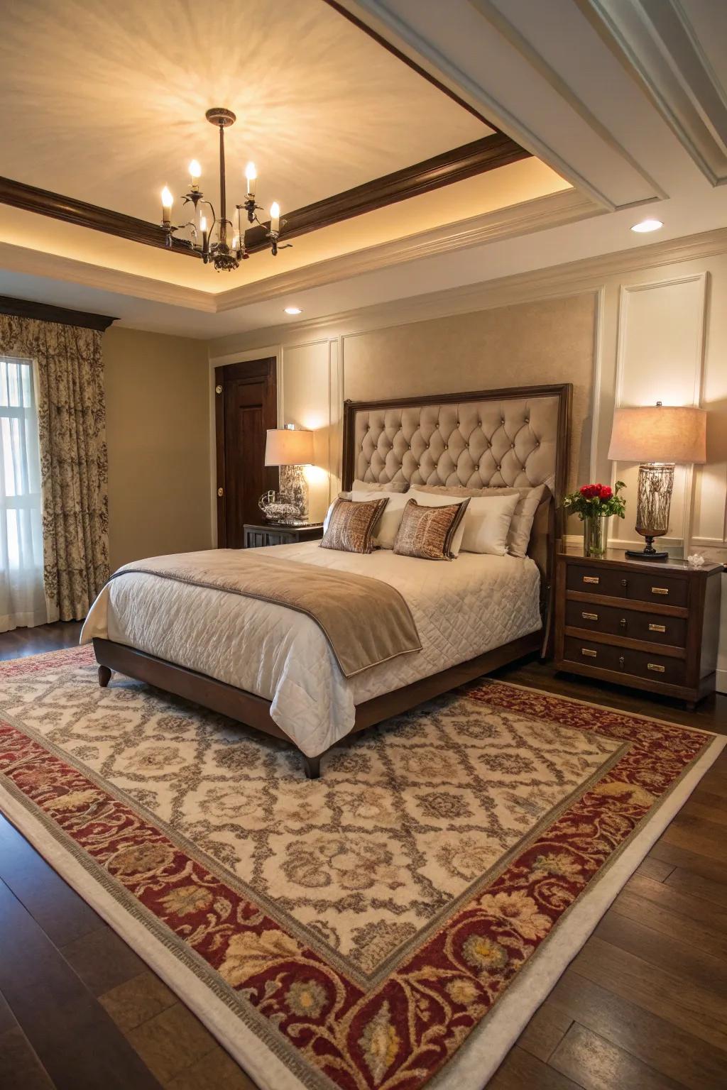 A 7x10 rug enriches depth and a hint of luxury to a roomy bedroom layout.