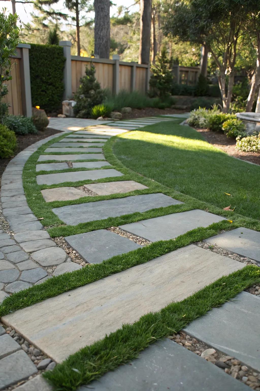 Synthetic turf among flagstones delivers a sharp, low-effort path.