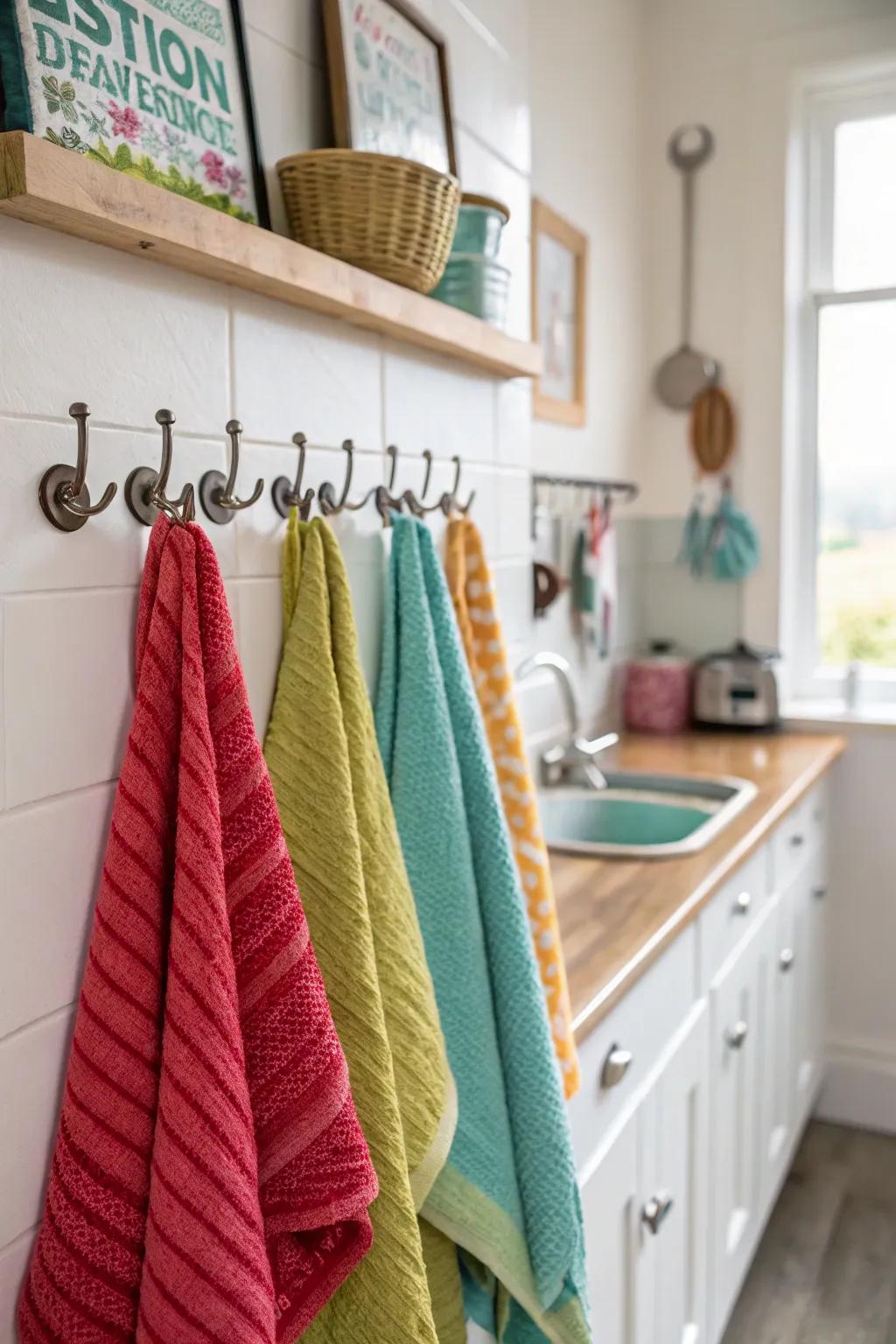 Utilize specified fasteners to fashion a personal and ornamental towel display.