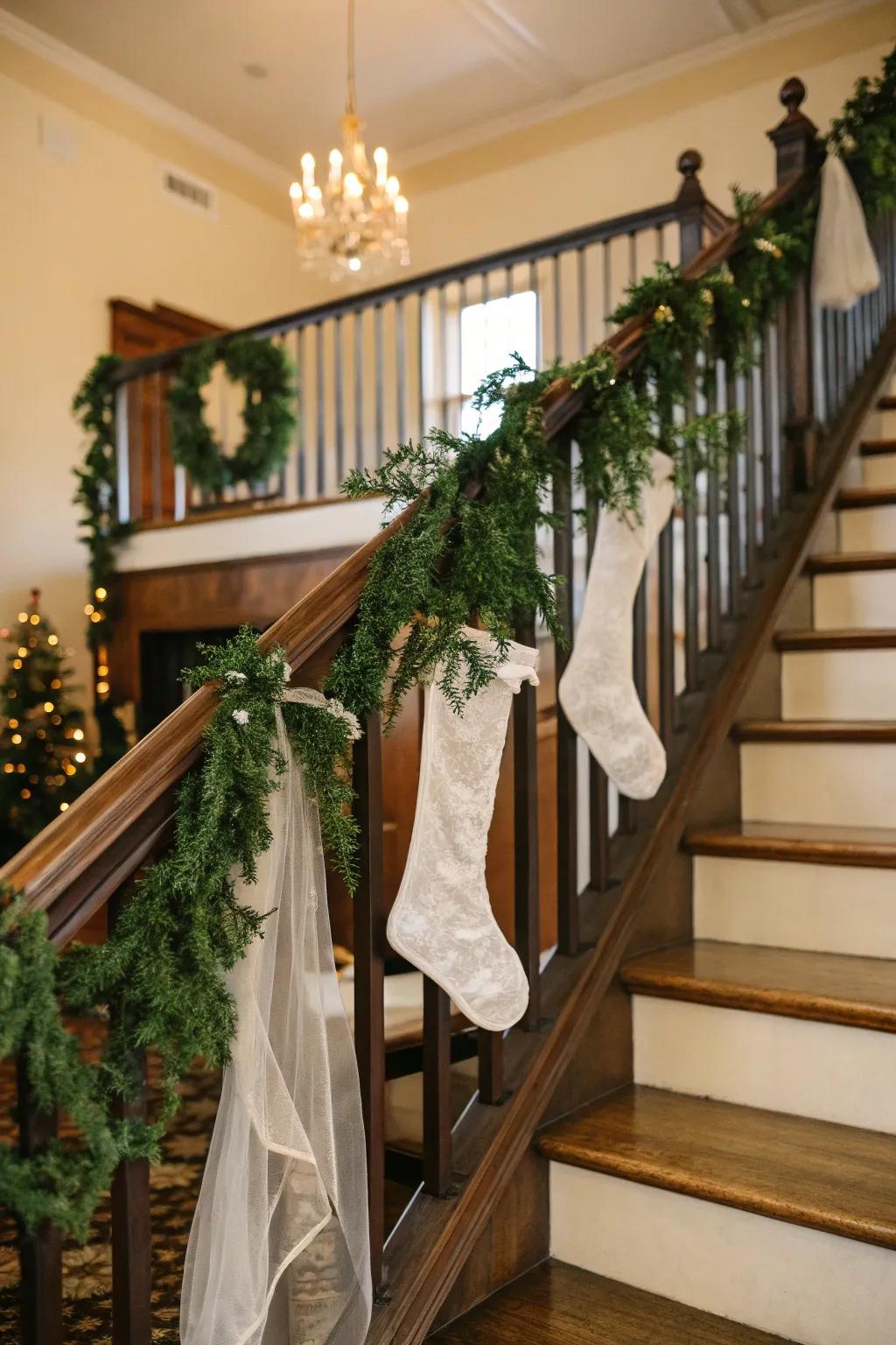 Stair railings present a majestic method for showcasing stockings.