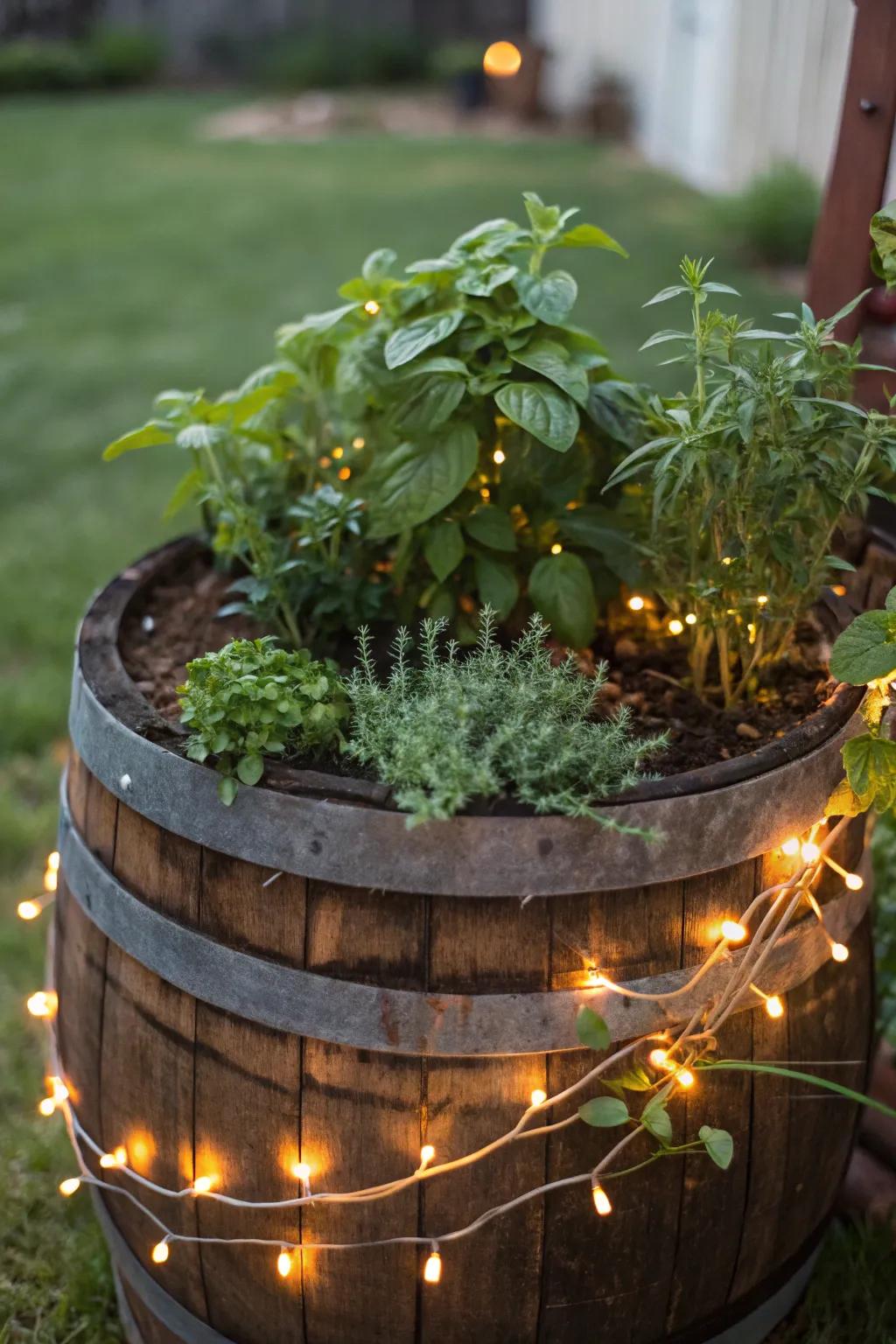 An inviting herb patch illuminated with strand lights for nighttime ambiance.