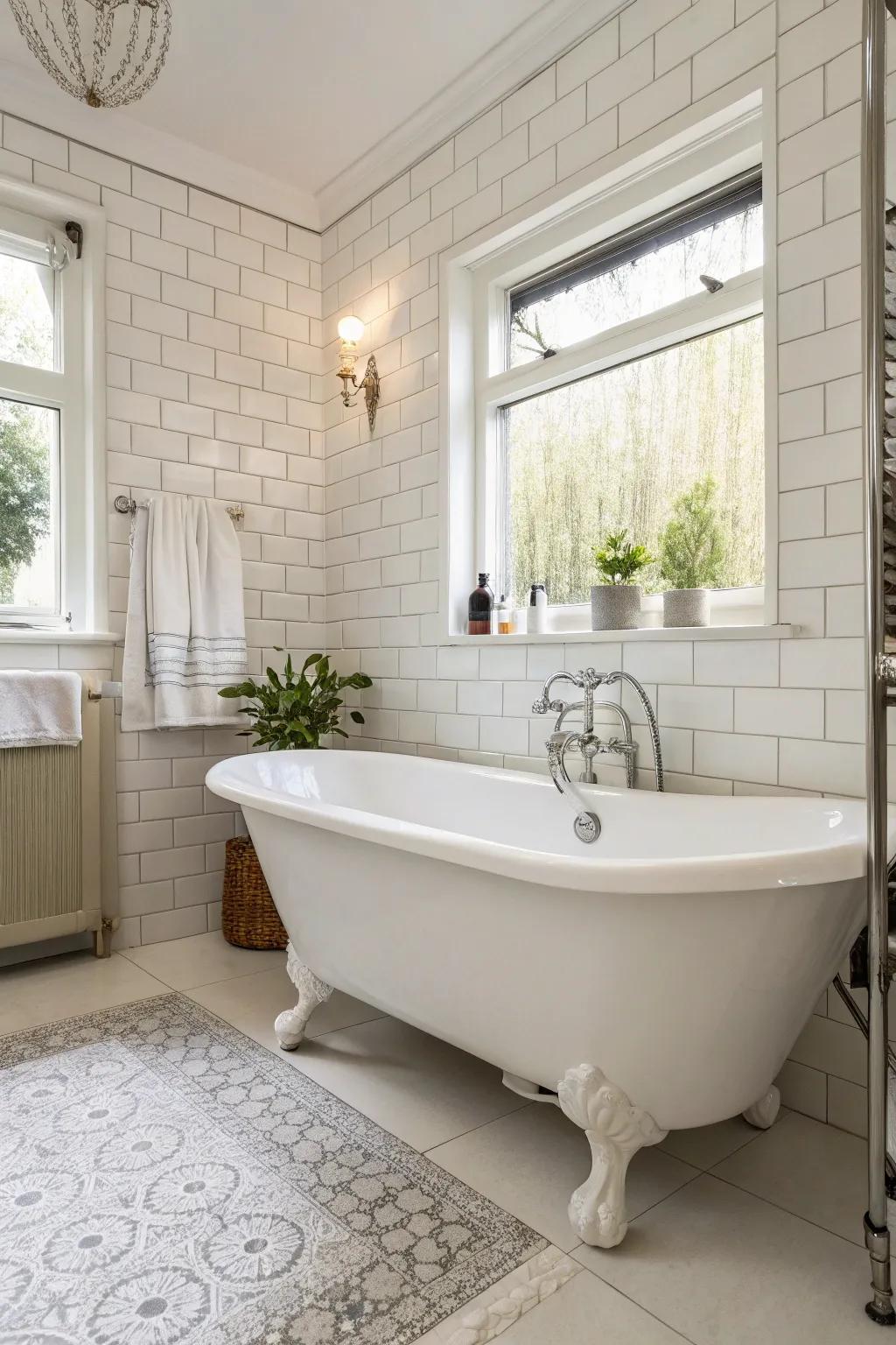 The standalone soaker serves as a luxurious focal point in this white bathroom.