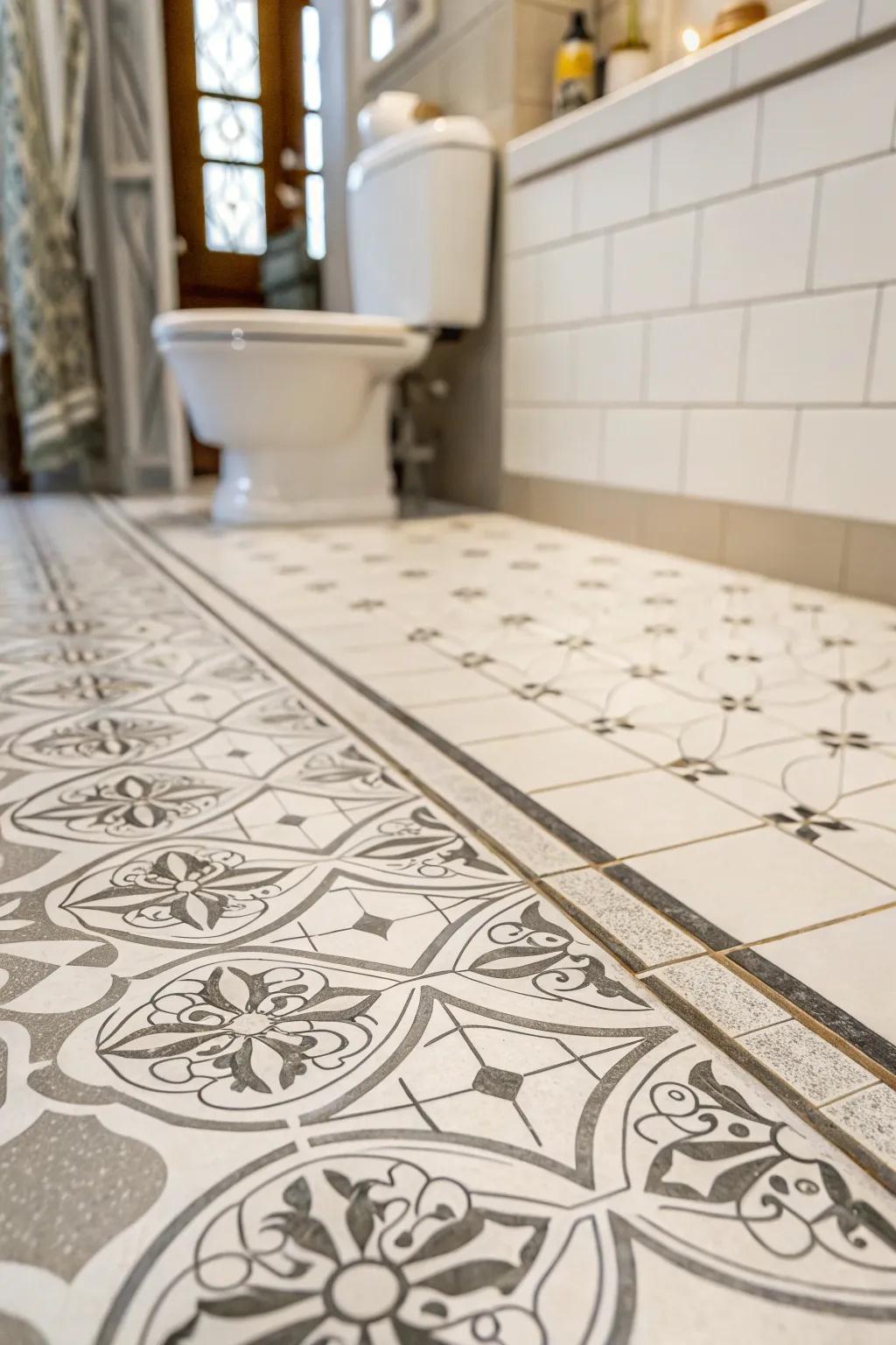 Patterned flooring imparts a spirited sophistication to your bathroom.