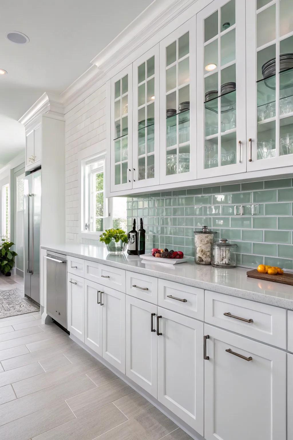 Translucent rectangular wall tiles adding a shiny element to white cabinetry.