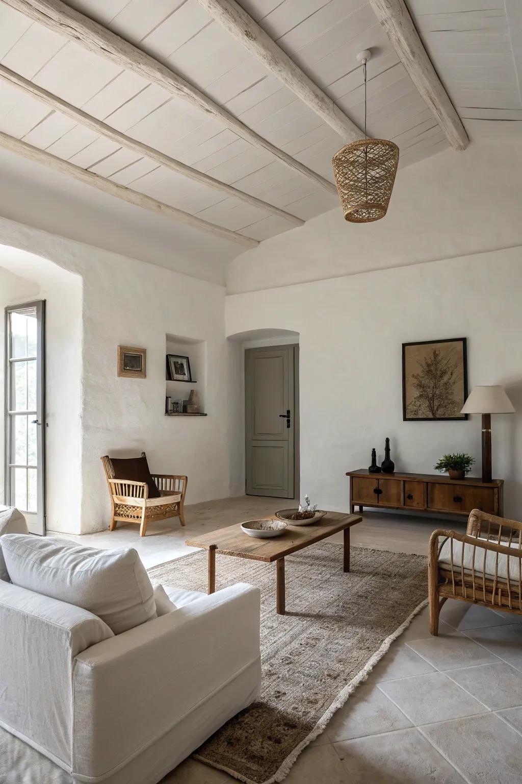 A minimalist living space featuring a white ceiling, delivering a sense of calm and simplicity.