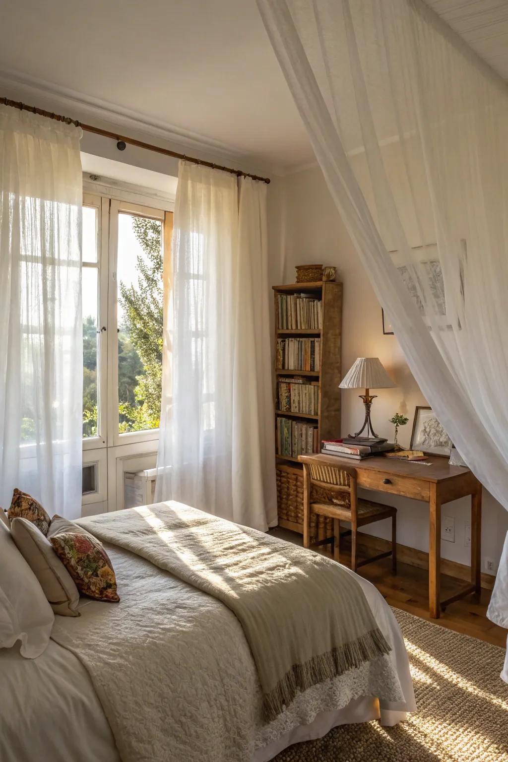 Wispy ivory drapes maximize natural light, enhancing the room's warmth.