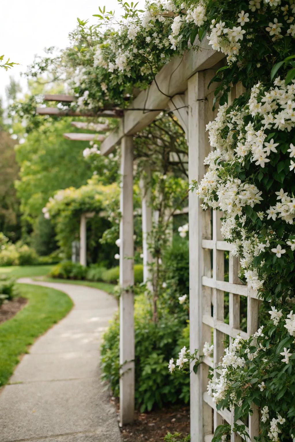 Alabaster jasmine on a climbing frame saturates the garden with its sweet aroma.