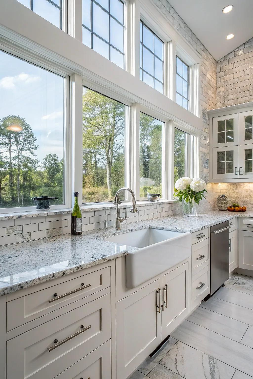Glass tiles impart a contemporary spin to the conventional granite backsplash.