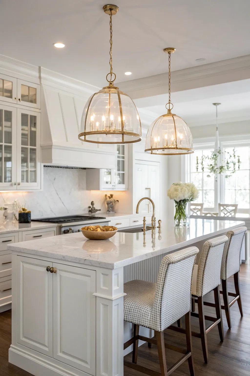 Stylish pendant lighting brightens up the white kitchen space.