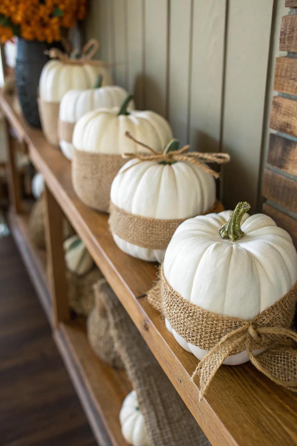 Pumpkins wrapped in rough-woven fabric for rustic charm.