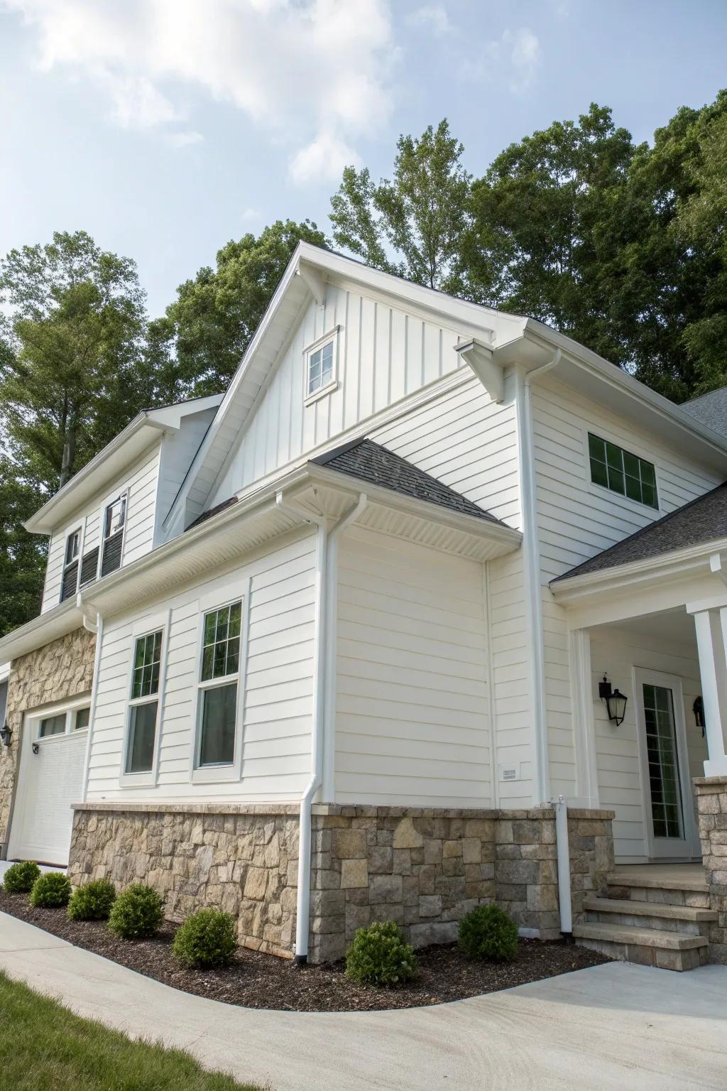 A rustic-modern residence merging white vinyl siding with organic stone-like details.
